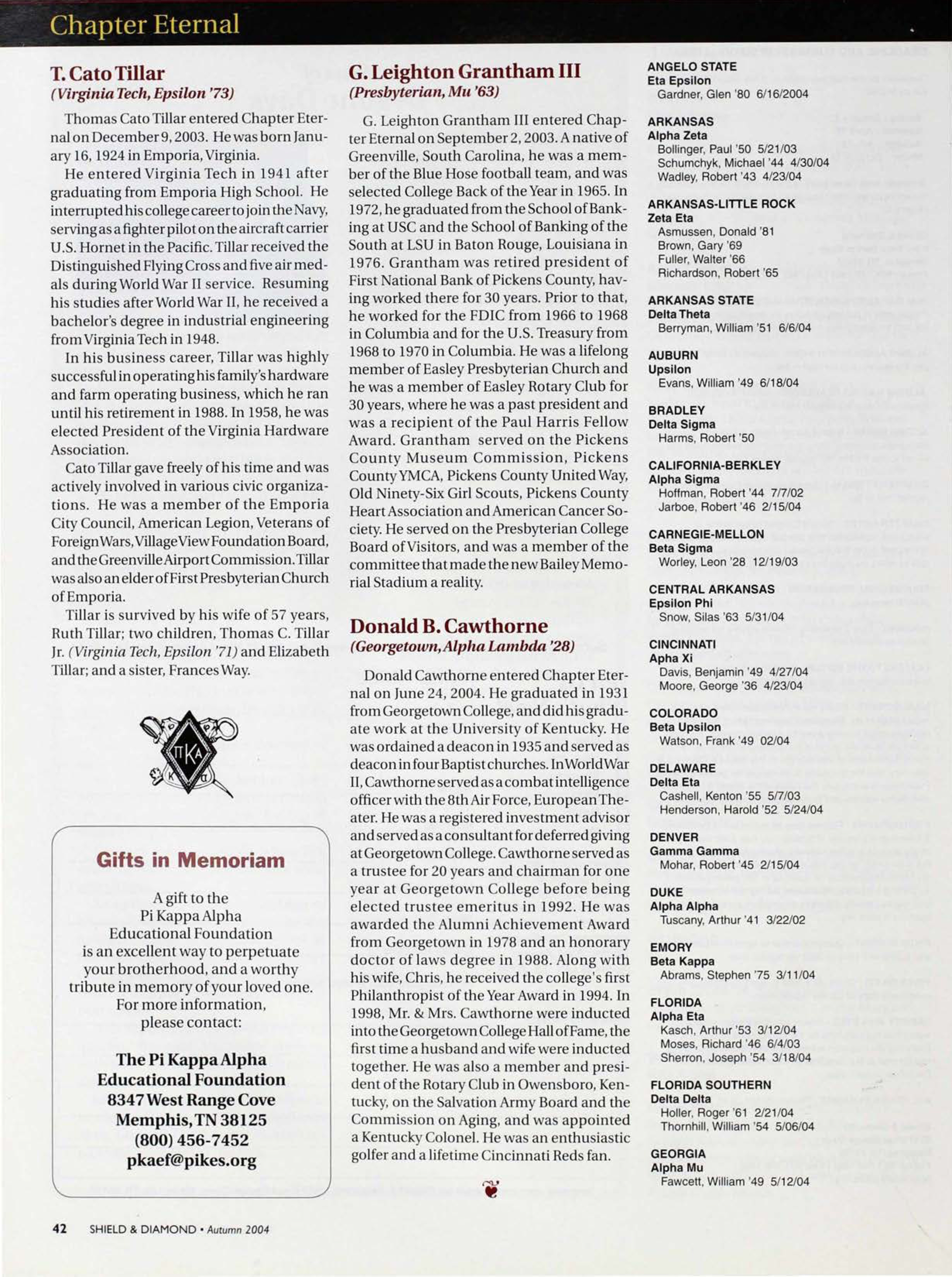 Gifts in Memoriam, Autumn 2004